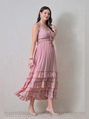 26401 Sleeveless Pink Tiered Boho Maxi Dress